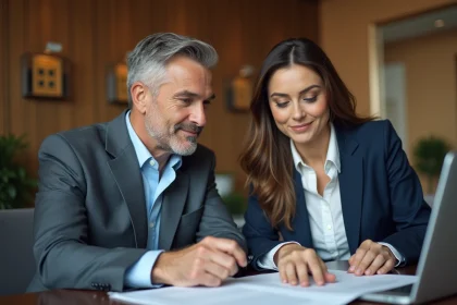 Homme et femme d'affaires discutant devant un ordinateur