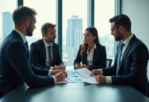 Stratégies concurrentielles: les quatre principales à connaître Quatre professionnels en réunion dans un bureau moderne