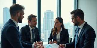 Stratégies concurrentielles: les quatre principales à connaître Quatre professionnels en réunion dans un bureau moderne