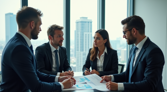 Stratégies concurrentielles: les quatre principales à connaître Quatre professionnels en réunion dans un bureau moderne