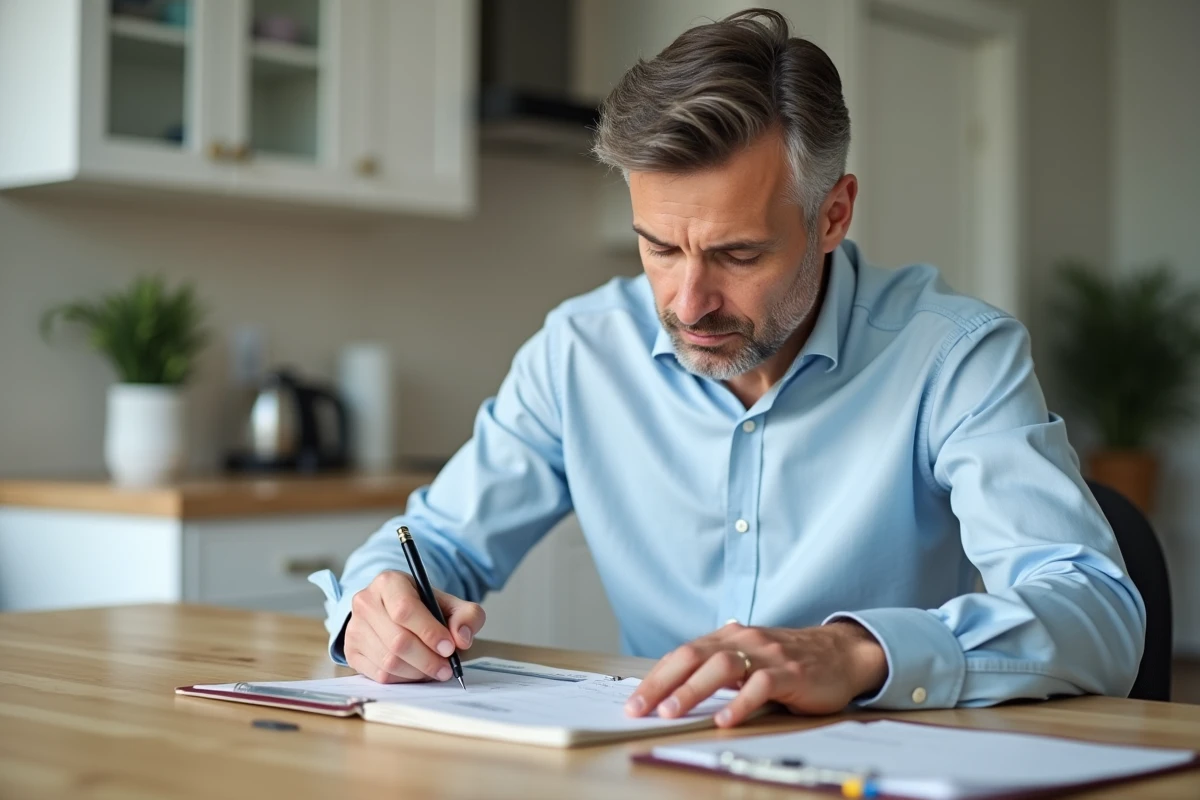 Homme écrivant un chèque à la table de cuisine en consultant un document, illustration du paiement par chèque entre particuliers