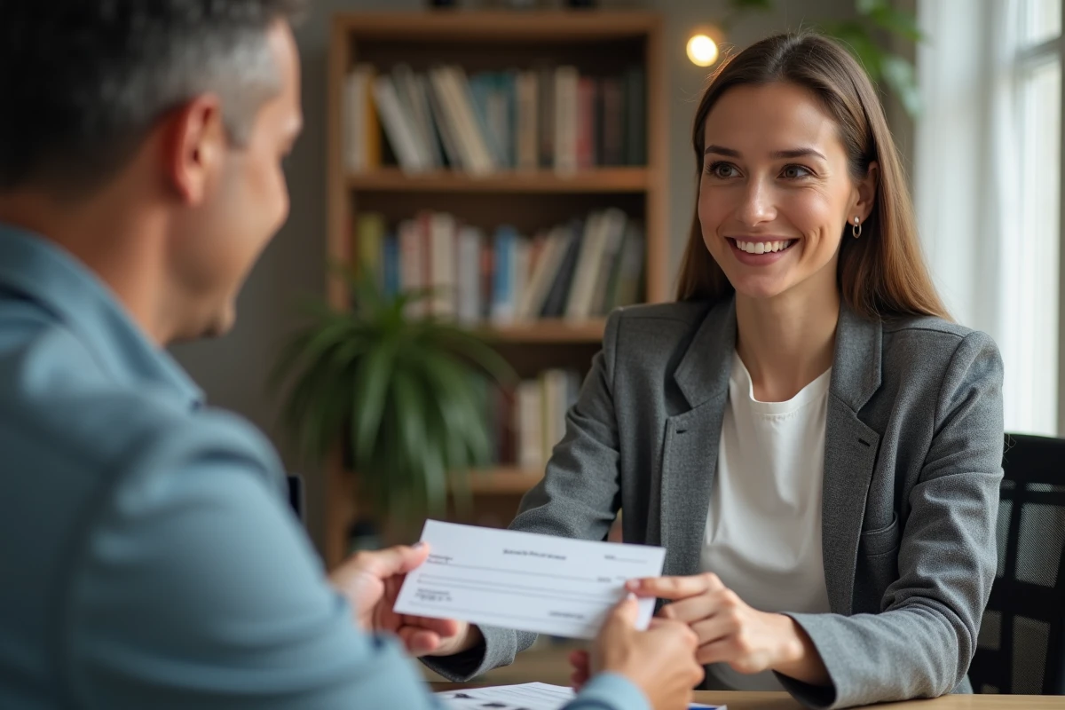 Femme remettant un chèque signé à un particulier dans un bureau à domicile, transaction de paiement entre particuliers