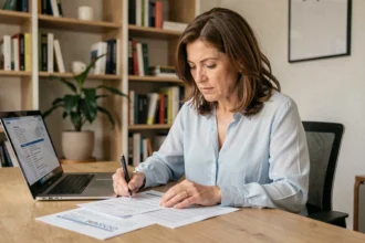 Femme examinant un contrat d'assurance de prêt à la consommation à son bureau à domicile