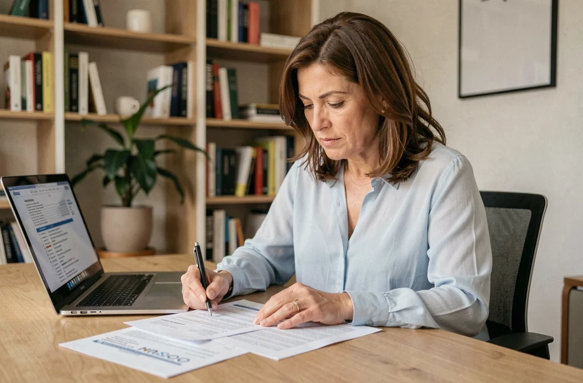 Femme examinant un contrat d'assurance de prêt à la consommation à son bureau à domicile