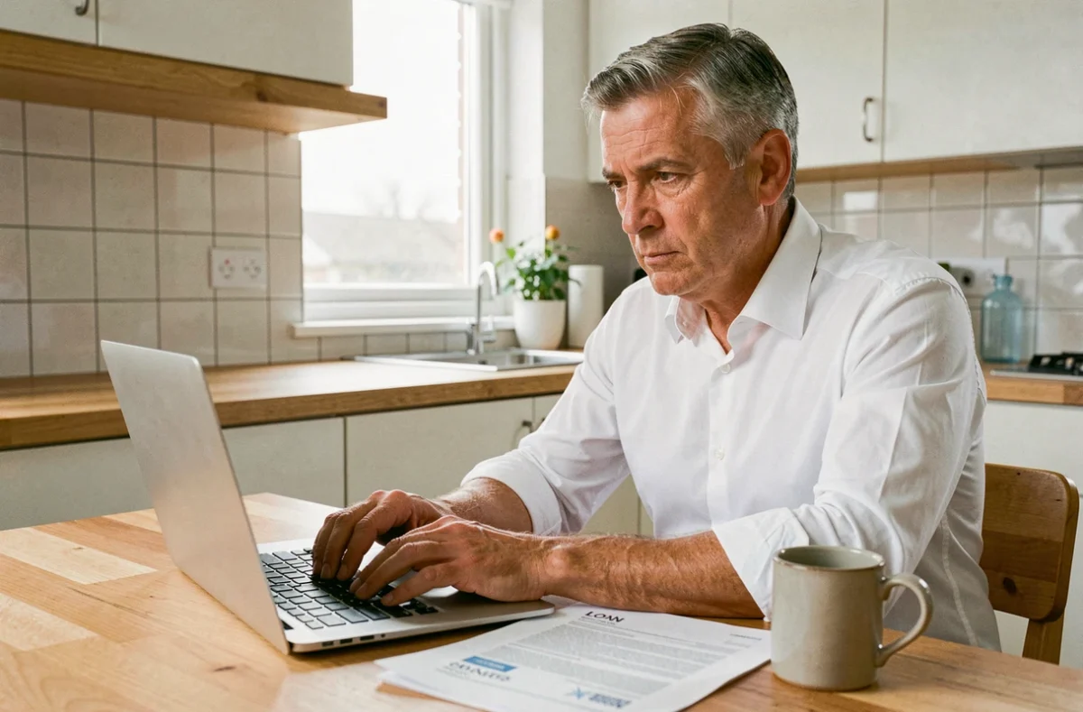 Homme effectuant une démarche de résiliation d'assurance de prêt en ligne depuis chez lui