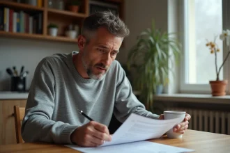 Homme inquiet lisant un contrat d'assurance auto à résilier avec préavis oublié