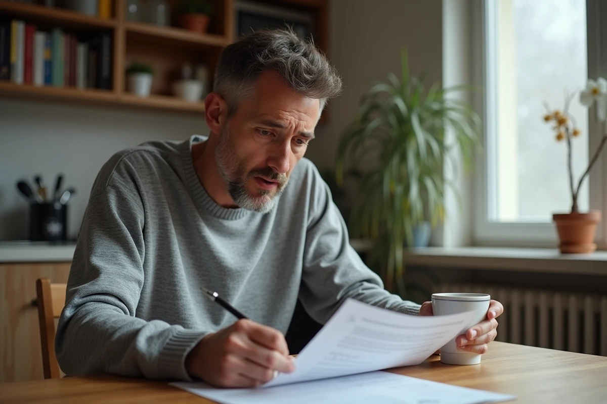 Homme inquiet lisant un contrat d'assurance auto à résilier avec préavis oublié