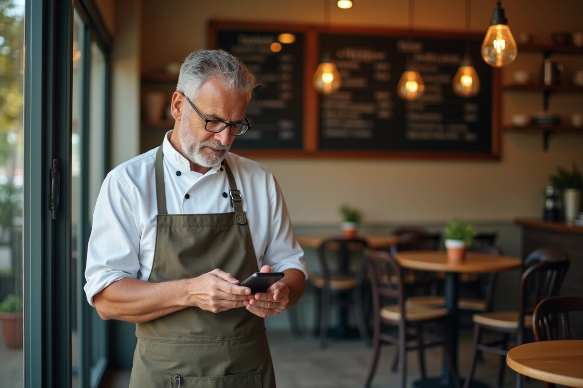 Restaurateur consultant une offre d'assurance sur smartphone dans son établissement, illustrant l'accessibilité de Qlara pour les petites entreprises