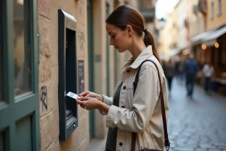 Femme en voyage insérant sa carte bancaire dans un distributeur automatique de billets en rue pavée européenne