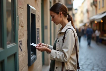 Femme en voyage insérant sa carte bancaire dans un distributeur automatique de billets en rue pavée européenne