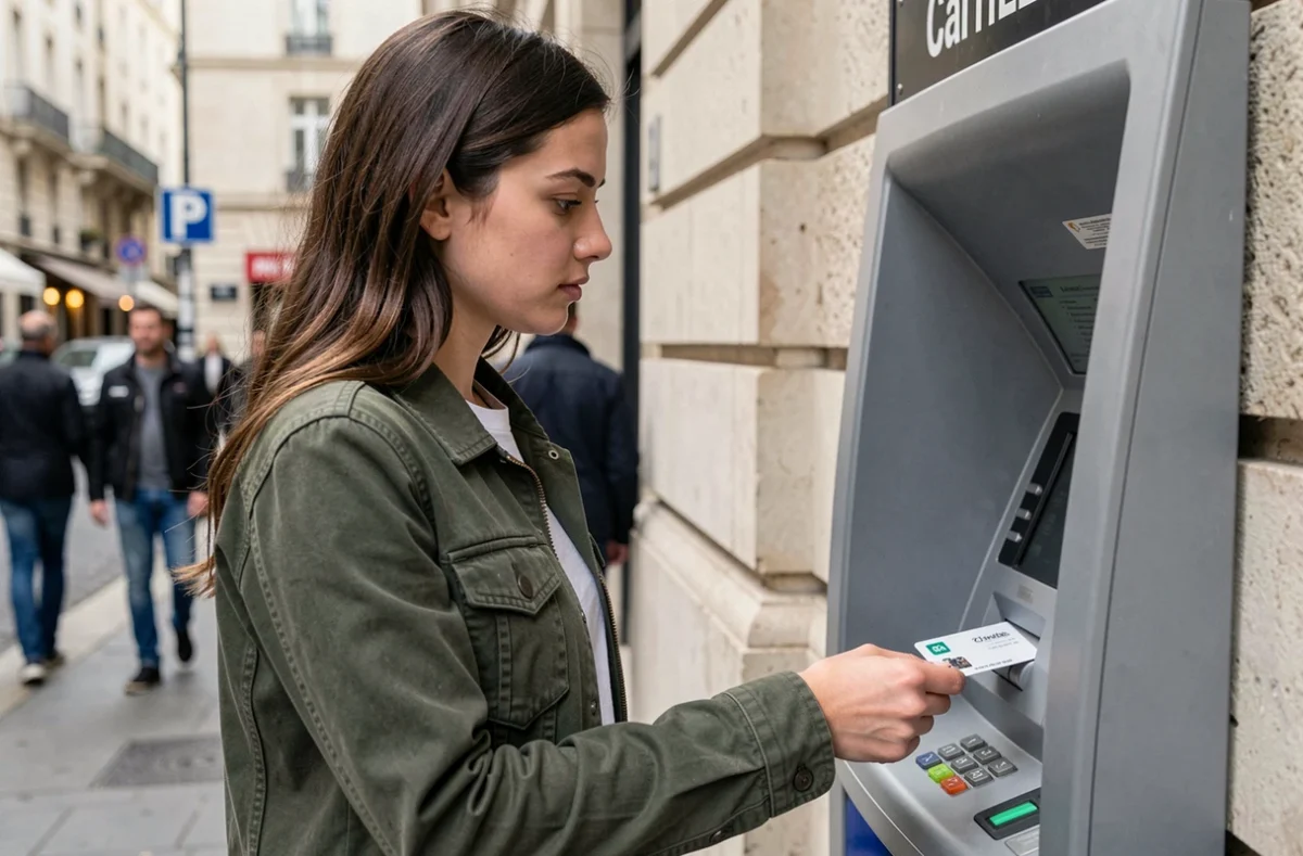 Jeune femme retirant de l'argent à un distributeur automatique avec sa carte prépayée La Poste en ville