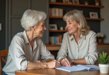 Retraite : Vos enfants comptent-ils pour votre retraite ? Découvrez-le ici ! Femme senior détendue avec sa fille regardant des documents de retraite
