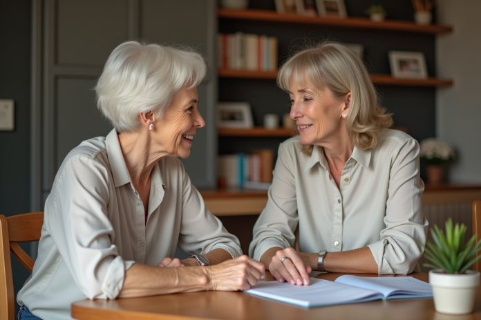 retraite-femme-senior-documents Femme senior détendue avec sa fille regardant des documents de retraite