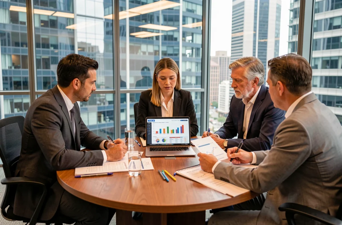 Réunion de professionnels en salle de conseil analysant la stratégie d'investissement autour des résultats annuels de Thales
