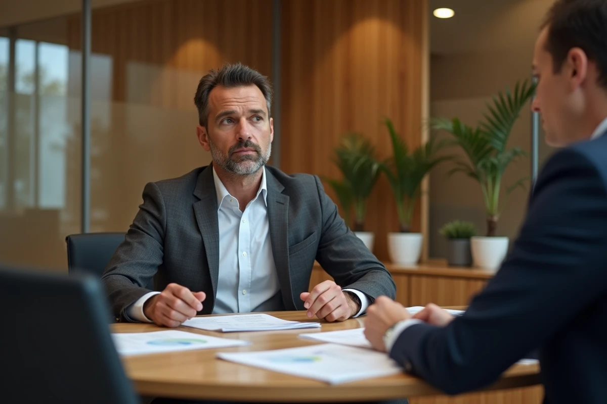 Entrepreneur en réunion avec un conseiller de banque privée pour optimiser la gestion de trésorerie de son entreprise