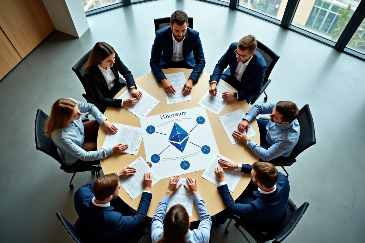 Groupe de professionnels analysant un diagramme Ethereum