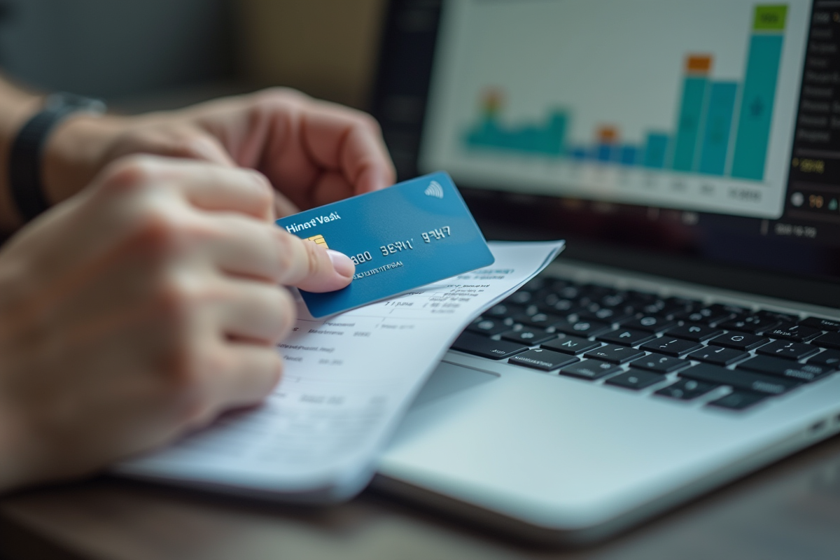 Mains tenant une carte bancaire et vérifiant un budget sur ordinateur