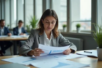 Femme cadre analysant des données salariales dans un bureau moderne à Paris
