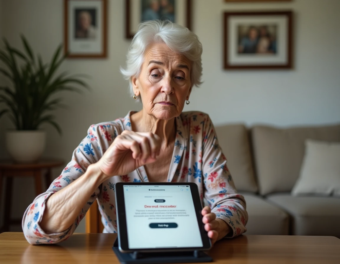 Femme senior face à un message d'accès refusé sur sa tablette en essayant de se connecter à lcl.fr