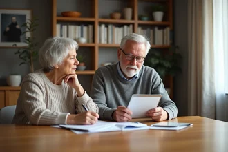 Couple senior discutant de documents à la maison