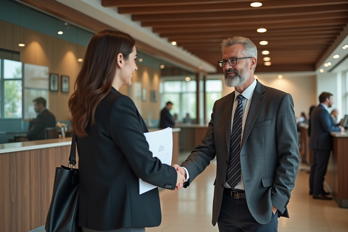 Homme et femme se serrant la main dans une agence bancaire