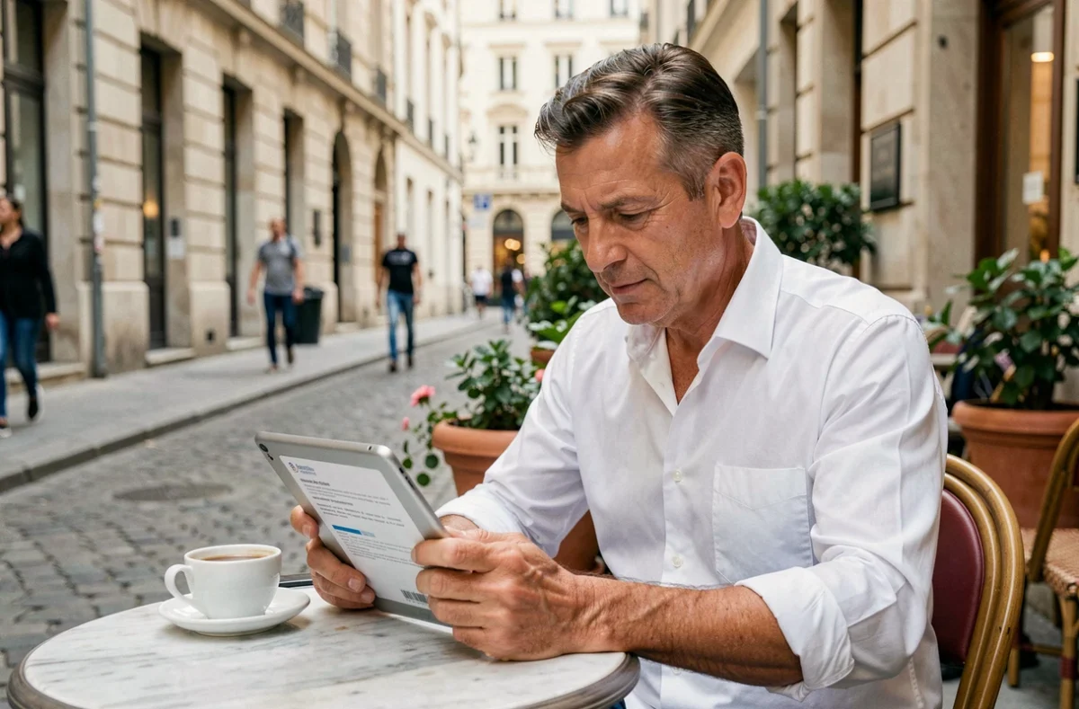 Expatrié consultant les services bancaires CMUT en ligne depuis la terrasse d'un café européen avec une tablette