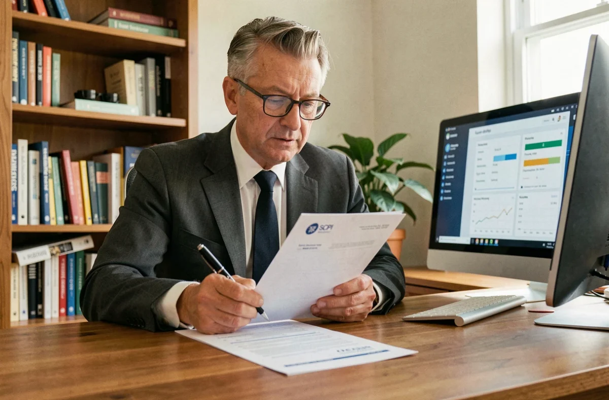 Un homme d'âge mûr signe un formulaire de souscription de parts de SCPI Corum dans son bureau à domicile