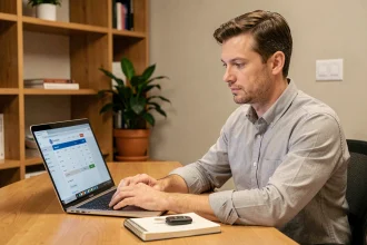 Homme calculant ses frais kilométriques 2026 sur un simulateur en ligne depuis son bureau à domicile