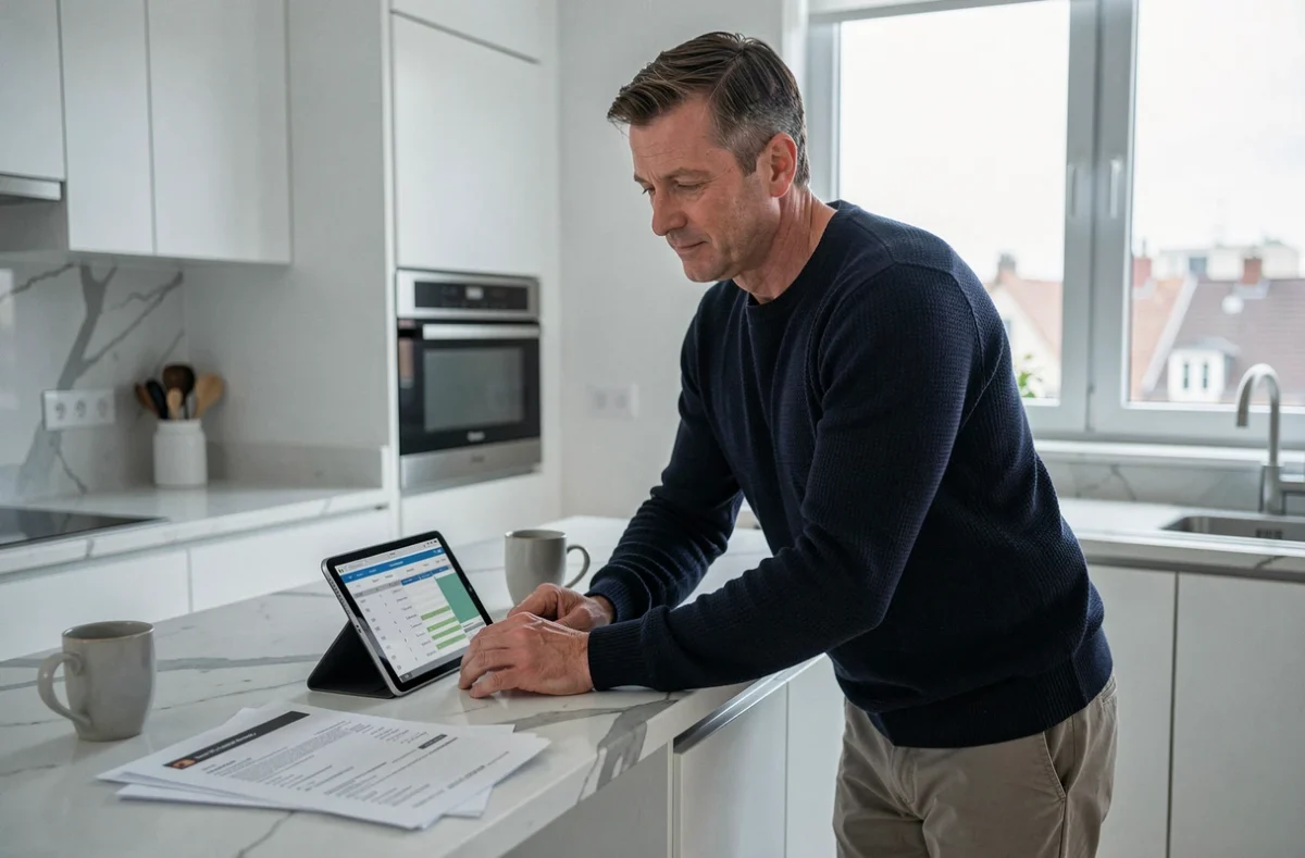 Homme consultant un simulateur de frais kilométriques 2026 sur tablette dans une cuisine moderne
