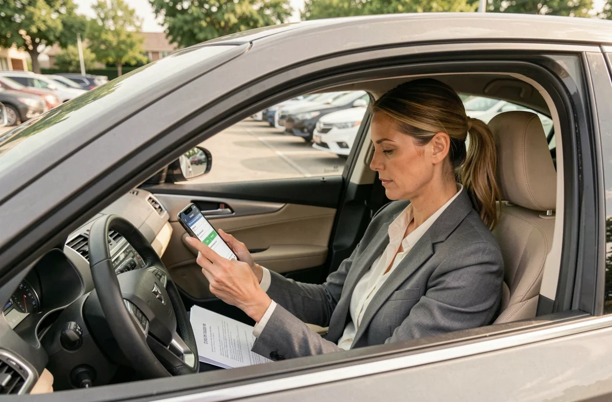 Femme consultant un simulateur de frais kilométriques 2026 sur smartphone dans sa voiture de fonction