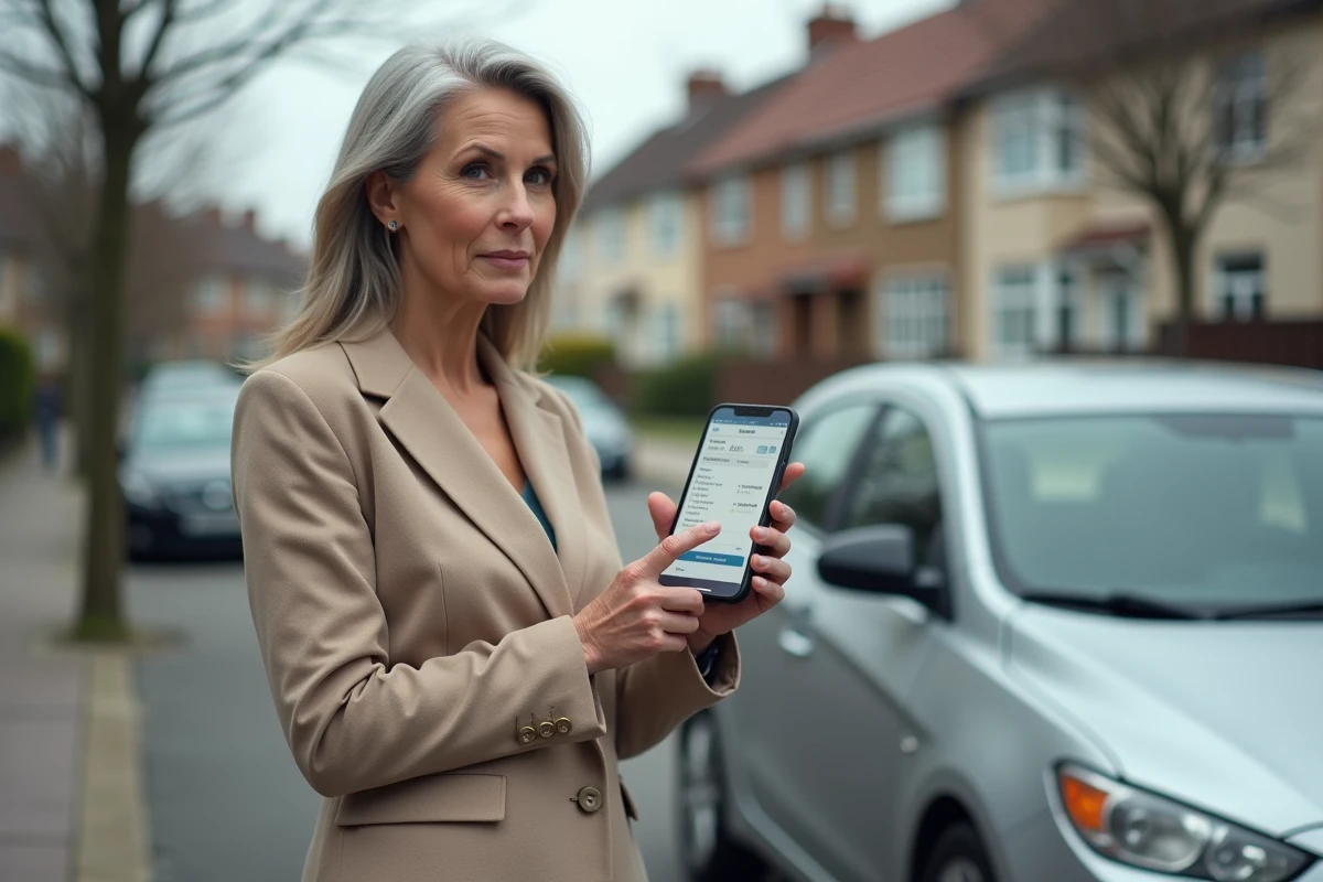 Femme professionnelle consultant une application de suivi kilométrique devant sa voiture pour optimiser ses frais kms