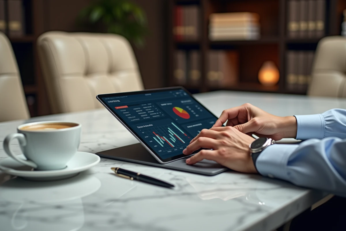 Tableau de bord financier sur tablette pour la gestion de trésorerie d'entrepreneur via Ma Banque Privée BNP Paribas