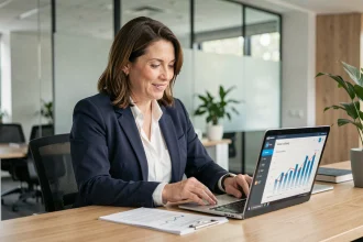 Femme professionnelle satisfaite consultant son espace bancaire Caisse d'Epargne sur ordinateur portable en agence moderne