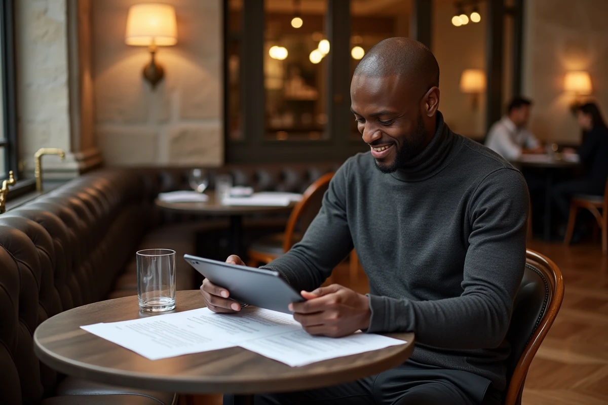 Homme d'affaires élégant en col roulé charbon examinant des documents financiers lors d'un déjeuner d'affaires dans une brasserie française contemporaine, illustrant la gestion d'empire entrepreneurial à la Tony Parker