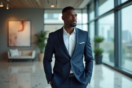 Portrait professionnel d'un homme d'affaires athlétique en costume bleu marine dans un lobby d'entreprise moderne, illustrant l'image de marque et la fortune de Tony Parker