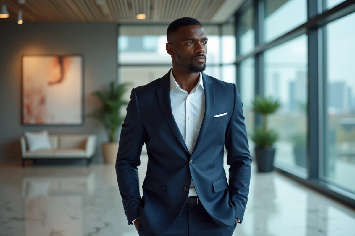 Portrait professionnel d'un homme d'affaires athlétique en costume bleu marine dans un lobby d'entreprise moderne, illustrant l'image de marque et la fortune de Tony Parker