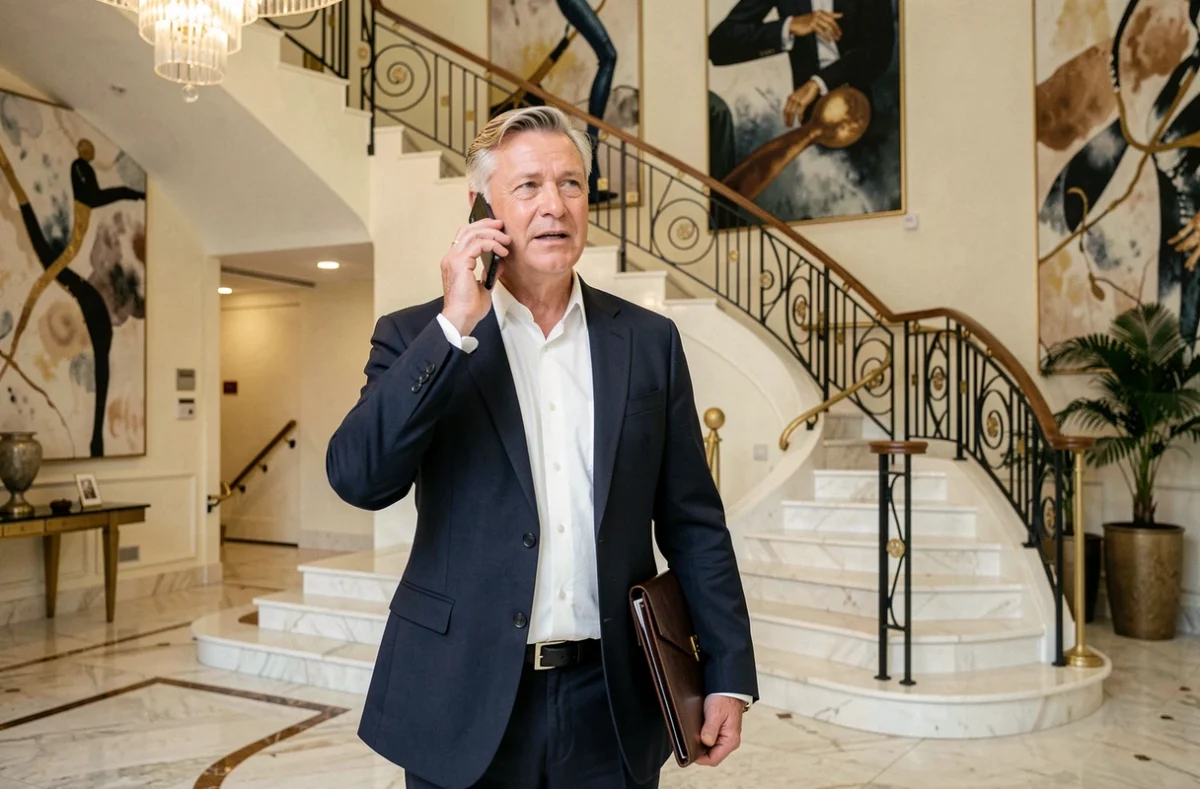 Homme en blazer marine téléphonant dans le hall d'un hôtel de luxe aux sols en marbre, illustrant le patrimoine et le style de vie fortuné de Tony Scotti