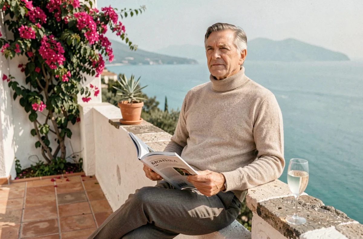 Homme élégant en pull cachemire sur une terrasse de villa méditerranéenne avec vue sur la mer, symbolisant la fortune discrète et le mode de vie aisé de Tony Scotti