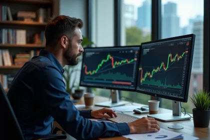 Trader analysant un pattern double bottom sur des graphiques de trading en chandelier japonais sur plusieurs écrans