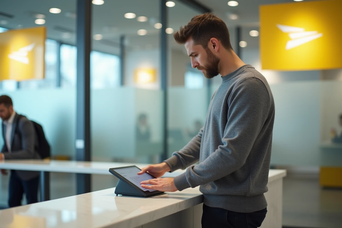 Client masculin effectuant un virement instantané au guichet d'une agence de La Banque Postale
