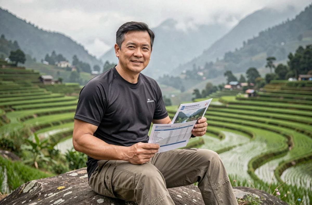Voyageur consultant son assurance voyage face aux rizières en terrasses de Sapa, Vietnam
