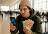 Comment les voyageurs malins économisent sur leurs échanges de devises Jeune voyageur compare devises sur smartphone à l'aéroport