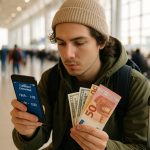 Comment les voyageurs malins économisent sur leurs échanges de devises Jeune voyageur compare devises sur smartphone à l'aéroport