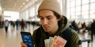 Comment les voyageurs malins économisent sur leurs échanges de devises Jeune voyageur compare devises sur smartphone à l'aéroport