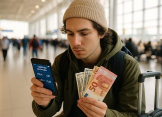 Comment les voyageurs malins économisent sur leurs échanges de devises Jeune voyageur compare devises sur smartphone à l'aéroport