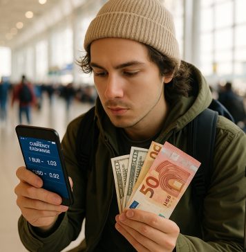 Jeune voyageur compare devises sur smartphone à l'aéroport