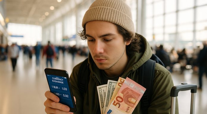 Comment les voyageurs malins économisent sur leurs échanges de devises Jeune voyageur compare devises sur smartphone à l'aéroport