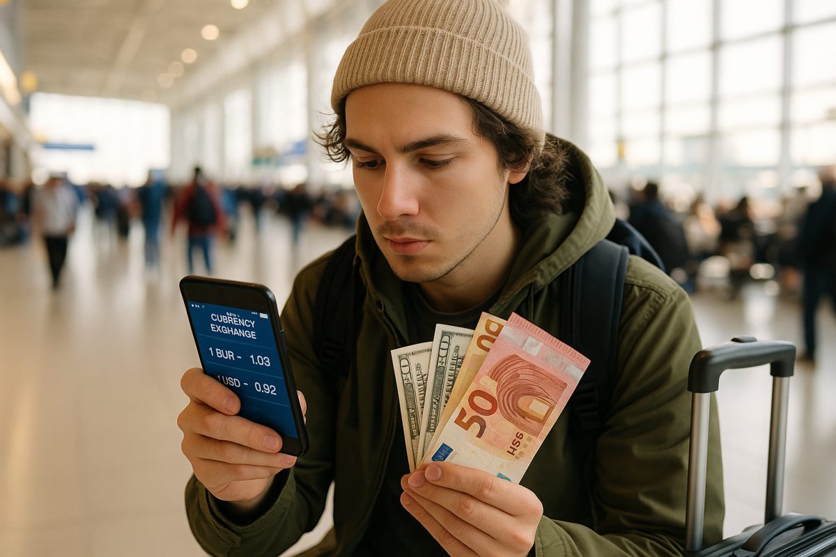 Jeune voyageur compare devises sur smartphone à l'aéroport
