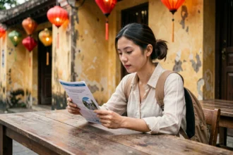 Voyageuse consultant son assurance voyage dans un café traditionnel de Hoi An, Vietnam