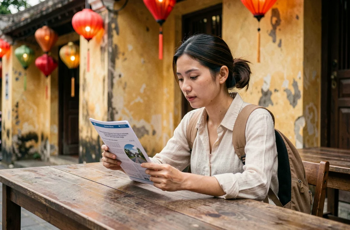 Voyageuse consultant son assurance voyage dans un café traditionnel de Hoi An, Vietnam